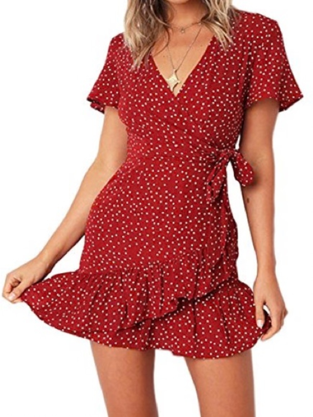 Red Polka Dot Wrap Mini Dress with Ruffle Hem